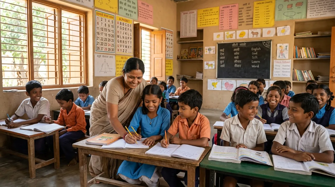 Children learning in a classroom with their teacher