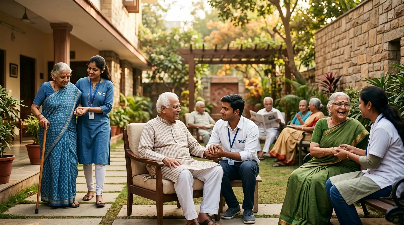 Elderly residents being cared for in a community garden